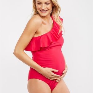 Pink maternity 1 shoulder 1 piece ruffle swimsuit